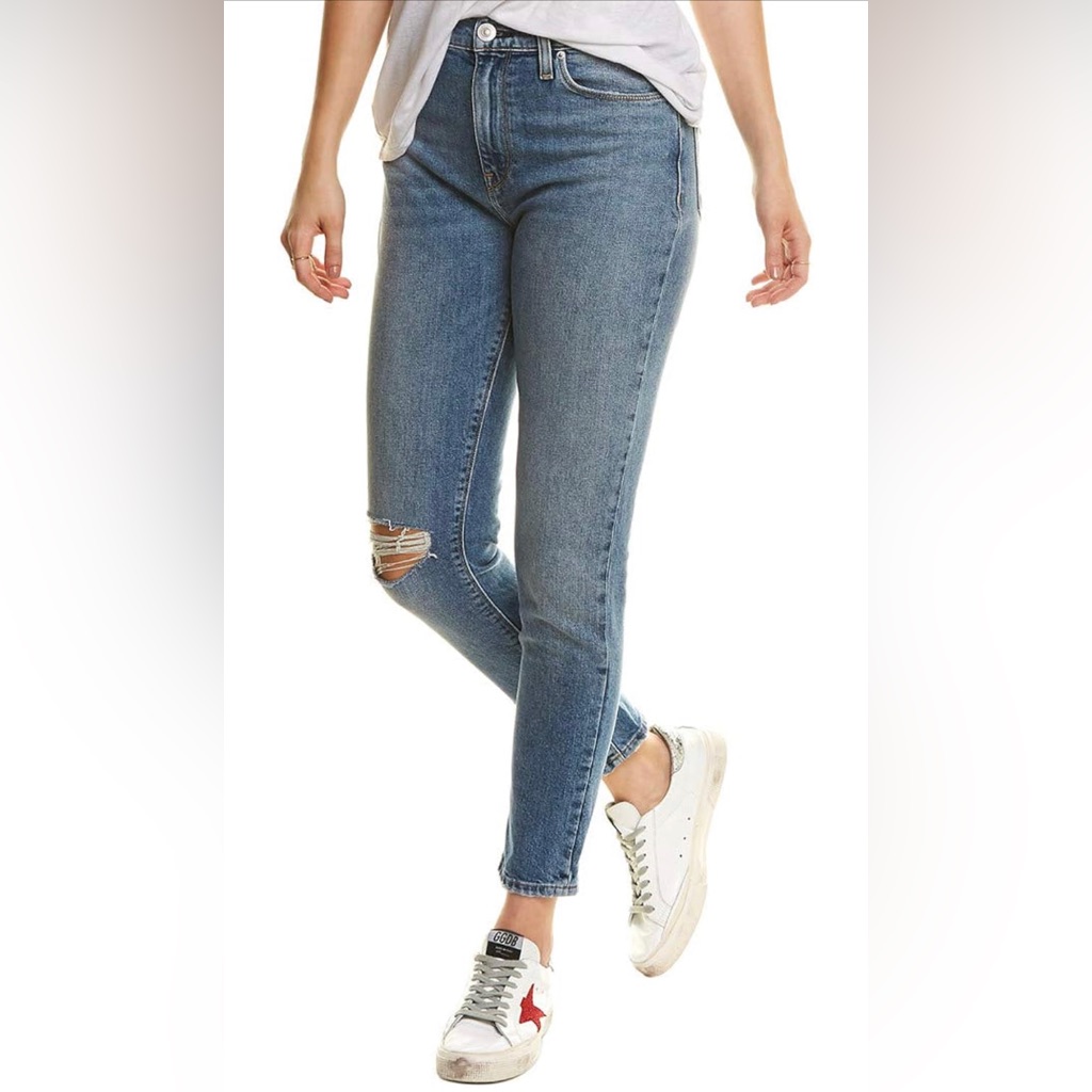 Hudson Denim Bettie Taper Jeans Distressed Destructed Cotton Medium Blue Cropped